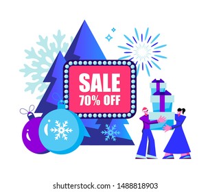 2020 Happy New Year Sale and  Merry Christmas card.
Small people are preparing for holiday.
Modern Cartoon Flat Design Concept for website, Mobile app page, Landing Page. Vector illustration