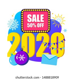 2020 Happy New Year Sale and  Merry Christmas card.
Small people are preparing for holiday.
Modern Cartoon Flat Design Concept for website, Mobile app page, Landing Page. Vector illustration