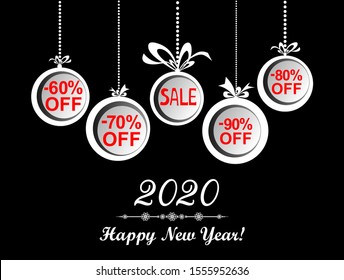 2020 Happy New Year. Sale. Christmas sale label. Horizontal posters, greeting cards, header, website. Card with Christmas balls. Black Card or Christmas themed invitations.  Vector Illustration