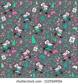 2020 Happy New Year! Seamless colorful pattern. Merry Christmas. Seamless pattern wallpaper of gift box, musical notes, snowflake, star. Grey Background with Mouse at ice skating. Vector Illustration