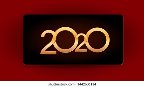 2020 Happy New Year shiny golden numbers on black greeting card isolated on red background. Typography design element for festive holiday banner, poster, invitation or greeting cards template
