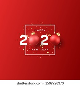 2020 happy new year sign design. Vector illustration. Holiday label with red Christmas balls and golden confetti isolated on red background.