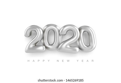 2020 Happy new year silver 3d sing. Numbers minimalist style balloon isolated. Vector realistic 2020 balloons in 3D style in silver color. Design of greeting card, banners, posters, headline