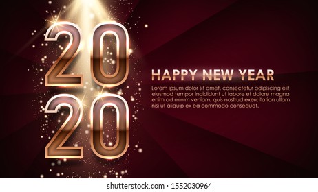 2020 - Happy New Year - special. Golden elegant 2020 year number and text with spark, light effects on velvet red background. EPS 10 Vector Illustration. Invitation card.