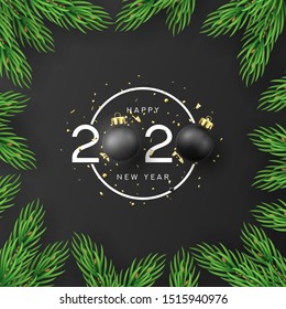 2020 happy new year symbol design. Vector illustration with fir-tree branches. Holiday label with black Christmas balls and golden confetti isolated on black background.