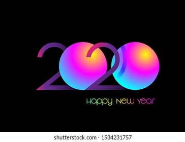 2020 Happy new year, symbol on luminous neon, colorful vector isolated on black background. Abstract card design with gradient for party celebration 