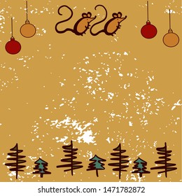 2020 Happy New Year Template for a festive design of events and cards. Hand-drawn lettering, Christmas trees, rat, Christmas balls on a textured vintage background. Copy space. Vector illustration