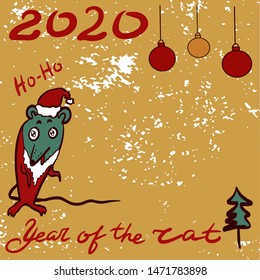 2020 Happy New Year Template for a festive design of events and cards. Hand-drawn lettering, Christmas trees, rat, Christmas balls on a textured vintage background. Copy space. Vector illustration