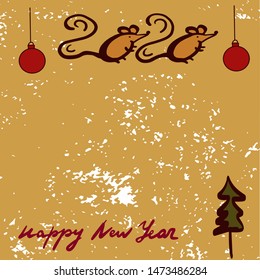 2020 Happy New Year Template for a festive design of events and cards. Hand-drawn lettering, Christmas trees, rat, Christmas balls on a textured vintage background. Copy space. Vector illustration