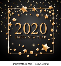 2020 Happy New Year text for greeting card, with gold glitter stars and confetti on black background, calendar, invitation. Vector illustration.