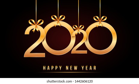 2020 Happy New Year text design with golden numbers with hanging golden numbers and ribbon bows isolated on black background. Holiday banner, poster, greeting card or invitation template