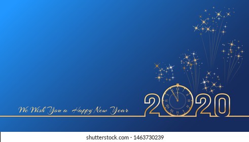 2020 Happy New Year text design with golden numbers and vintage clock on blue background with fireworks. Holiday banner, poster, greeting card or invitation template. End of the year countdown. 