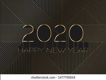 2020 Happy New year text for greeting card, with gold lines calendar, invitation. Vector illustration.