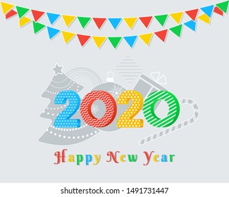 2020 Happy New Year text design with colorful numbers on grey background with party flags garland, christmas tree, ball, gift box, candy cane. Holiday banner, new year greeting card template.