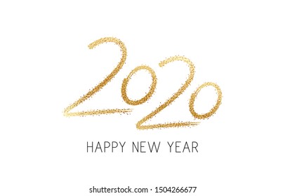 2020 Happy New Year text design. Golden text with bright sparkles. Hand drawn logo. Design for banner, poster, postcard, print and calendar. Vector illustration