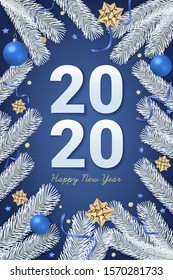2020 Happy New Year text on blue background with gift box, shiny golden bow, ribbons, sparkling confetti and white christmas tree branches. Use for greeting card, calendar, invitation. Vector