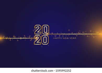 2020 Happy New Year text design with golden numbers on blue background with fireworks. Holiday banner, poster, greeting card or invitation template. Copy space. Vector illustration. EPS 10.
