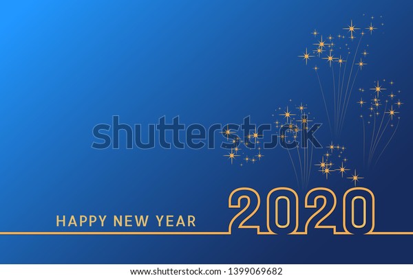 2020 Happy New Year text design with golden numbers on blue background with fireworks. Holiday banner, poster, greeting card or invitation template. Year of the rat. Copy space. Vector illustration
