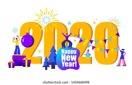 2020 Happy New Year trendy and minimalistic card or background.
Small people are preparing for holiday, are engaged in decoration.
Modern Cartoon Flat Design Concept for website.
Vector illustration