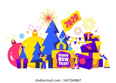 2020 Happy New Year trendy and minimalistic card or background.
Small people are preparing for holiday.Modern Cartoon Flat Design Concept for website, Mobile app page, Landing Page. Vector 