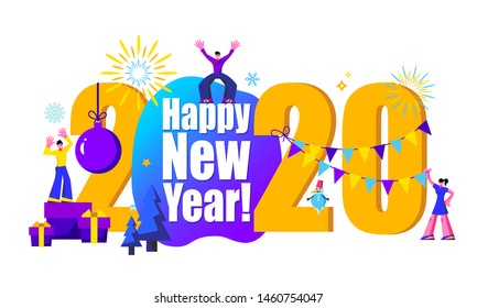 2020 Happy New Year trendy and minimalistic card or background.
Small people are preparing for holiday.

Modern Cartoon Flat Design Concept 
for website, Mobile app page, Landing Page.
Vector