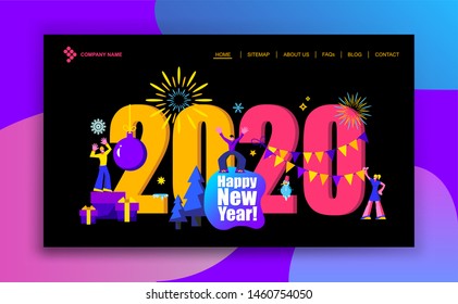 2020 Happy New Year trendy and minimalistic card or background.
Small people are preparing for holiday.

Modern Cartoon Flat Design Concept 
for website, Mobile app page, Landing Page.
Vector