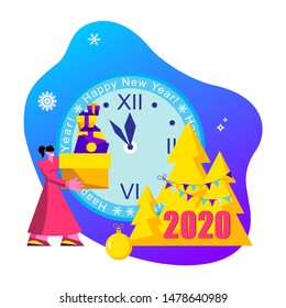 2020 Happy New Year trendy and minimalistic card or background.
Small people are preparing for holiday.
Modern Cartoon Flat Design Concept for website, Mobile app page, Landing Page. Vector