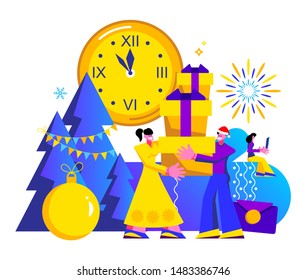 2020 Happy New Year trendy and minimalistic card or background.
Small people are preparing for holiday.
Modern Cartoon Flat Design Concept for website, Mobile app page, Landing Page. Vector
