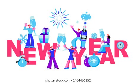 2020 Happy New Year trendy and minimalistic card or background.
Small people are preparing for holiday.
Modern Cartoon Flat Design Concept for website, Mobile app page, Landing Page. Vector