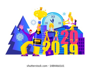 2020 Happy New Year trendy and minimalistic card or background.
Small people are preparing for holiday.
Modern Cartoon Flat Design Concept for website, Mobile app page, Landing Page. Vector