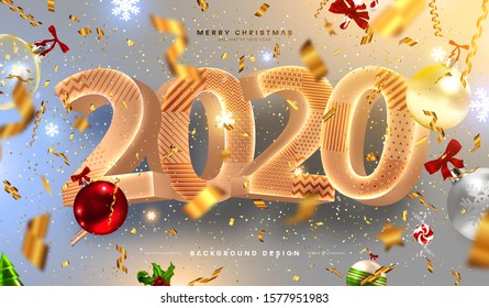 2020 Happy New Year trendy cover background design with liquid dynamic fluid spheres and Christmas toys for greeting card, banner, placard or poster. Eps10 vector illustration