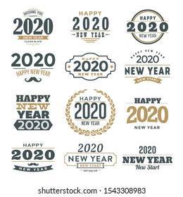 2020 - Happy New Year! Typographic label design set. Trendy lettering with vintage style elements.