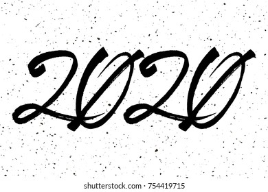 2020 Happy New Year typography calendar, poster. Beautiful hand drawn lettering design greeting card with chinese calligraphy black number inscription. Handwritten modern brush lettering scratched