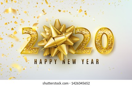 2020 Happy New Year vector background with golden gift bow, confetti, shiny glitter gold numbers. Christmas celebrate design. Festive premium concept for holiday. In my portfolio you can find for 2022