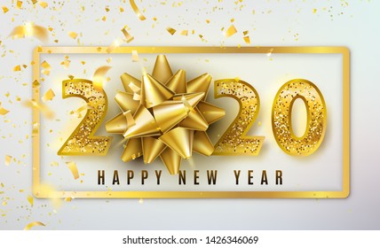 2020 Happy New Year vector background with golden gift bow, confetti, shiny glitter gold numbers and border. Christmas celebrate design. Festive premium concept template for holiday.