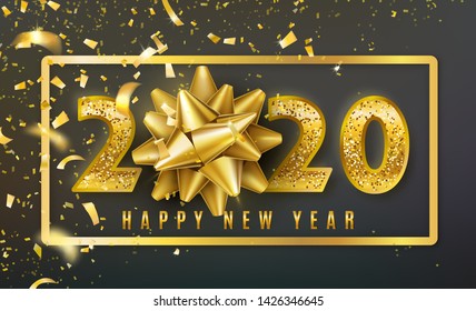 2020 Happy New Year vector background with golden gift bow, confetti, shiny glitter gold numbers and border. Christmas celebrate design. In my portfolio you can find for 2022