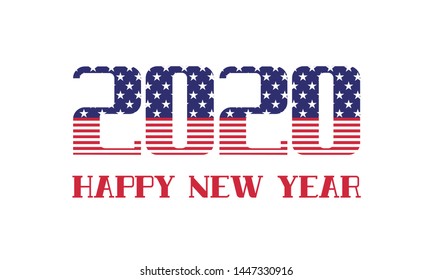 2020 Happy New Year. Vector greeting card with USA flag. Double exposure in numbers