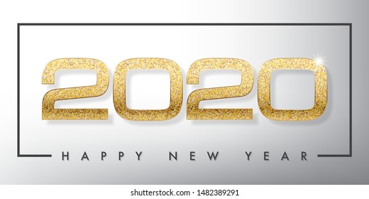 2020 happy new year vector greeting card and poster design with golden ribbon and star.