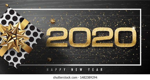 2020 happy new year vector greeting card and poster design with golden ribbon and star.