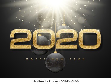 2020 happy new year vector greeting card and poster design with golden ribbon and star.