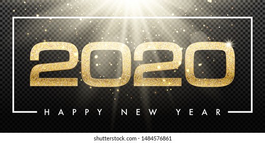 2020 happy new year vector greeting card and poster design with golden ribbon and star.