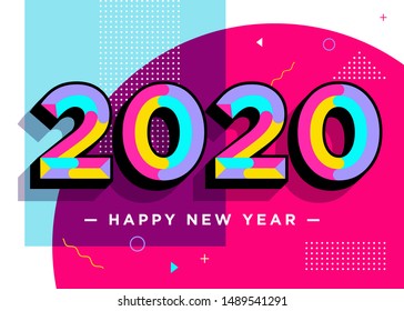 2020 Happy New Year Vector Card. Textured Numbers. Trendy Typography with Geometric Hipster Pattern in Memphis Style. Creative 2020 Logo Design. Colorful Xmas Background. Festive Christmas Banner. 