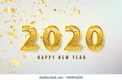 2020 Happy New Year vector background with big golden glitter numbers, shiny confetti. Christmas celebrate design. Festive premium concept template for holiday. In my portfolio you can find for 2021