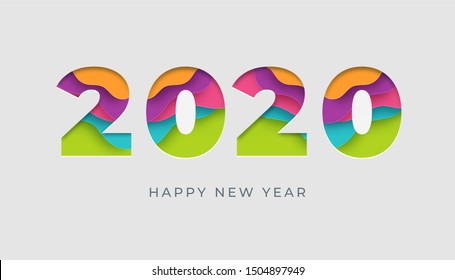 2020 happy new year vector colorful card or banner in paper cut style. Eps 10