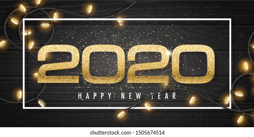 2020 happy new year vector greeting card and poster design with golden ribbon and star.