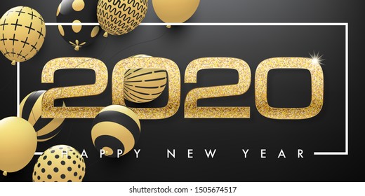 2020 happy new year vector greeting card and poster design with balloons.