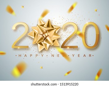 2020 Happy New Year vector background with golden gift bow, confetti, white numbers. Winter holiday greeting card design template. Christmas and New Year posters.