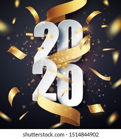 2020 Happy New Year vector background with golden gift ribbon, confetti, white numbers. Christmas celebrate design. Festive premium concept template for holiday.