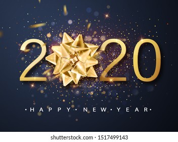 2020 Happy New Year vector background with golden gift bow, confetti, white numbers. Winter holiday greeting card design template. Christmas and New Year posters.