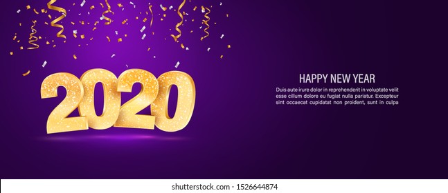 2020 Happy New Year Vector Web Banner Template. Xmas Holiday Background With Falling Confetti